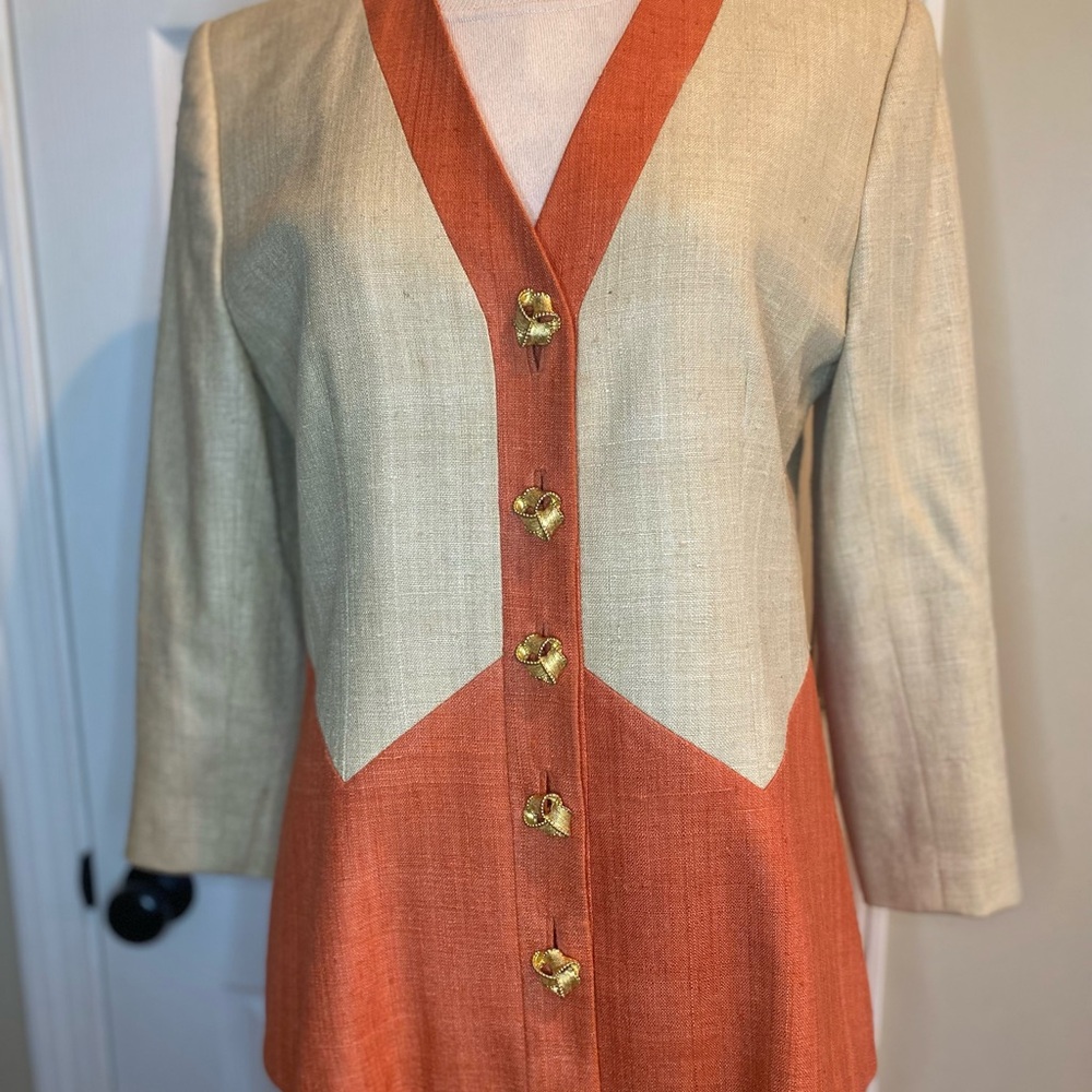 Doncaster Cream and Orange Blazer V-Neck Color Block 2Pc Blazer and Skirt